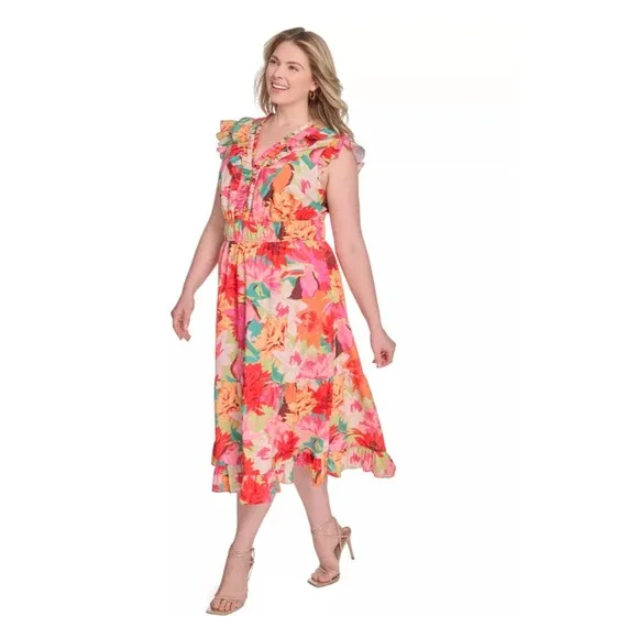 Vince Camuto Womens Floral Ruffle V-Neck Tiered Midi Dress Pink Orange Size 16 - Picture 4 of 8